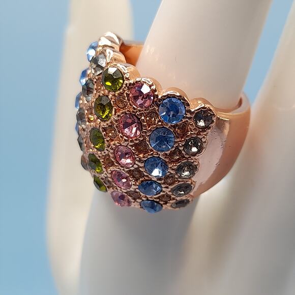 Multicolored Rhinestone Wide Band Ring, Rose Gold Tone, Size 7.75 - Picture 3 of 14